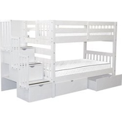 Bedz King Pine Wood Twin over Twin Stairway Bunk Bed with 2-Drawer in White found on Bargain Bro Philippines from Cymax for $1008.99
