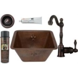 Premier Copper Products BSP4-BS15FDB2-B 15" Square Fleur De Lis Copper Bar/Prep Sink with Single Handle Bar Faucet 2" Strainer D