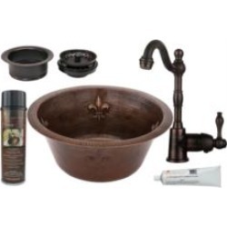 Premier Copper Products BSP4-BR16FDB3-G 16" Round Copper Fleur De Lis Bar/Prep with Single Handle Bar Faucet and 3 1/2" Garbage