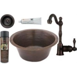 Premier Copper Products BSP4-BR16DB3-D 16" Round Hammered Copper Bar/Prep Sink with Single Handle Bar Faucet and 3 1/2" Strainer