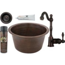 Premier Copper Products BSP4-BR17DB-D 17" Large Round Hammered Copper Bar/Prep Sink with Single Handle Bar Faucet and 3 1/2" Str