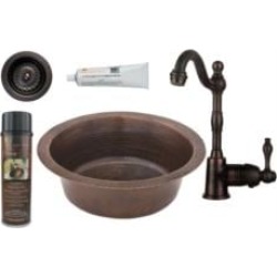 Premier Copper Products BSP4-BR14DB3-D 14" Round Hammered Copper Bar/Prep Sink with Single Handle Bar Faucet and 3 1/2" Strainer