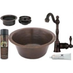 Premier Copper Products BSP4-BR16DB3-G 16" Round Hammered Copper Bar/Prep Sink with Single Handle Bar Faucet and 3 1/2" Garbage