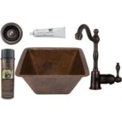 Premier Copper Products BSP4-BS15DB2-B 15" Square Hammered Copper Bar/Prep Sink with Single Handle Bar Faucet and 2" Strainer Dr