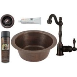 Premier Copper Products BSP4-BR12DB2-B 12" Round Hammered Copper Bar/Prep Sink with Single Handle Bar Faucet and 2" Strainer Dra