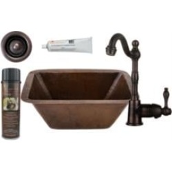 Premier Copper Products BSP4-BRECDB2-B 17" Rectangle Copper Bar/Prep Sink with Single Handle Bar Faucet and 2" Strainer Drain in