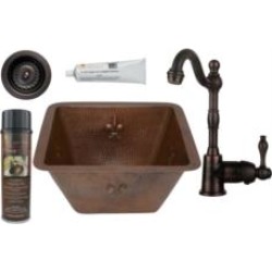 Premier Copper Products BSP4-BS15FDB3-D 15" Square Fleur De Lis Copper Bar/Prep Sink with Single Handle Bar Faucet 3 1/2" Strain