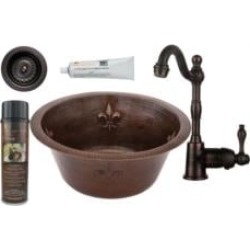 Premier Copper Products BSP4-BR16FDB3-D 16" Round Copper Fleur De Lis Bar/Prep Sink with Single Handle Bar Faucet and 3 1/2" Str