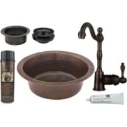 Premier Copper Products BSP4-BR14DB3-G 14" Round Hammered Copper Bar/Prep Sink with Single Handle Bar Faucet and 3 1/2" Garbage