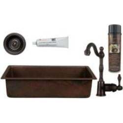 Premier Copper Products BSP4-BREC28DB-D 28" Rectangle Hammered Copper Bar/Prep Sink with Single Handle Bar Faucet and 3 1/2" Str