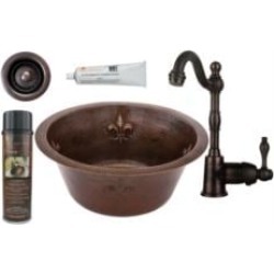 Premier Copper Products BSP4-BR16FDB2-B 16" Round Copper Fleur De Lis Bar/Prep Sink with Single Handle Bar Faucet and 2" Straine
