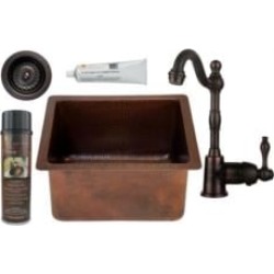 Premier Copper Products BSP4-BREC16DB-D 16" Gourmet Rectangular Hammered Copper Bar/Prep Sink with Single Handle Bar Faucet and