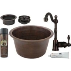 Premier Copper Products BSP4-BR17DB-G 17" Large Round Hammered Copper Bar/Prep Sink with Single Handle Bar Faucet and 3 1/2" Gar