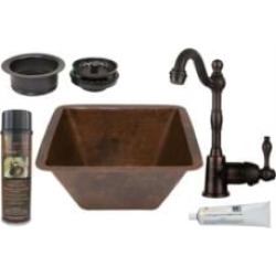 Premier Copper Products BSP4-BS15DB3-G 15" Square Hammered Copper Bar/Prep Sink with Single Handle Bar Faucet and 3 1/2" Garbage