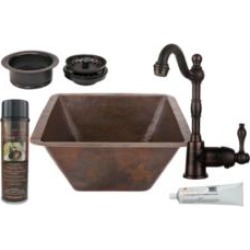 Premier Copper Products BSP4-BS17DB-G 17" Large Square Hammered Copper Bar/Prep Sink with Single Handle Bar Faucet 3 1/2" Garbag