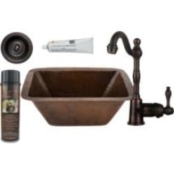 Premier Copper Products BSP4-BRECDB3-D 17" Rectangle Copper Bar/Prep Sink with Single Handle Bar Faucet and 3 1/2" Strainer Drai