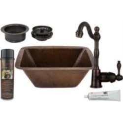 Premier Copper Products BSP4-BRECDB3-G 17" Rectangle Copper Bar/Prep Sink with Single Handle Bar Faucet and 3 1/2" Garbage Dispo