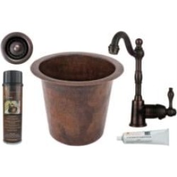 Premier Copper Products BSP4-BR12WDB-B 12" Round Hammered Copper Champagne Bar/Prep Sink, with Single Handle Bar Faucet and 2" S