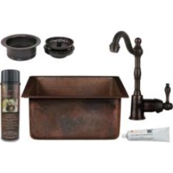 Premier Copper Products BSP4-BS16DB3-G 16" Square Hammered Copper Bar/Prep Sink with Single Handle Bar Faucet 3 1/2" Garbage Dis