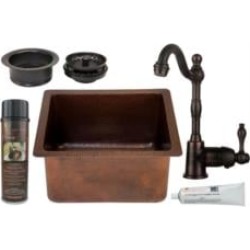 Premier Copper Products BSP4-BREC16DB-G 16" Gourmet Rectangular Hammered Copper Bar/Prep Sink with Single Handle Bar Faucet and