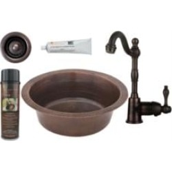 Premier Copper Products BSP4-BR14DB2-B 14" Round Hammered Copper Bar/Prep Sink with Single Handle Bar Faucet and 2" Strainer Dra
