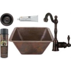 Premier Copper Products BSP4-BS17DB-D 17" Large Square Hammered Copper Bar/Prep Sink with Single Handle Bar Faucet 3 1/2" Strain