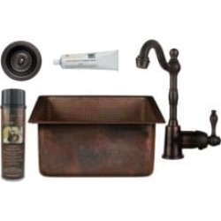 Premier Copper Products BSP4-BS16DB3-D 16" Square Hammered Copper Bar/Prep Sink with Single Handle Bar Faucet 3 1/2" Strainer Dr