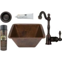 Premier Copper Products BSP4-BS15DB3-D 15" Square Hammered Copper Bar/Prep Sink with Single Handle Bar Faucet and 3 1/2" Straine