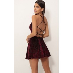 Floral Burnout Velvet A-line Dress In Wine