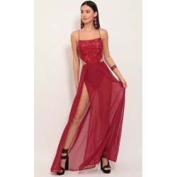 Paris Chevron Sequin Maxi Dress in Ruby