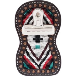 Weaver Leather Show Number Holder with Clip; Turquoise Cross Beading with Brown Leather