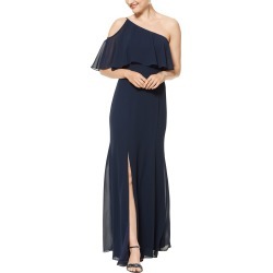 Women's #levkoff One-Shoulder Chiffon A-Line Gown, Size 0 - Blue