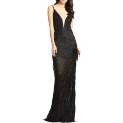 Women's MAC Duggal Bead Stripe And Fringe Column Gown, Size 14 - Black