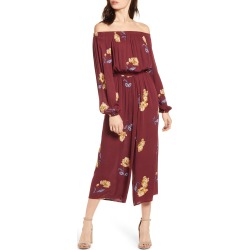 Women's Love, Fire Floral Off The Shoulder Wide Leg Crop Jumpsuit, Size X-Small - Purple
