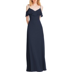 Women's #levkoff Ruffle Shoulder Chiffon Gown, Size 2 - Blue