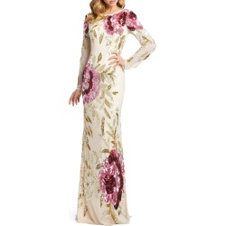 Women's MAC Duggal Drape Back Floral Sequin Gown, Size 14 - Beige
