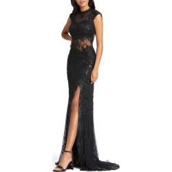 Women's MAC Duggal Illusion Sequin Gown, Size 4 - Black