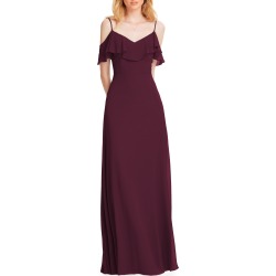Women's #levkoff Ruffle Shoulder Chiffon Gown, Size 2 - Red