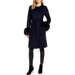 Women's Fleurette Genuine Fox Fur Cuff Wool Coat, Size 10 - Blue