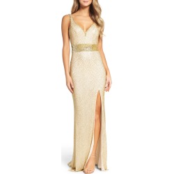 Women's MAC Duggal Beaded Mesh Gown, Size 4 - Metallic