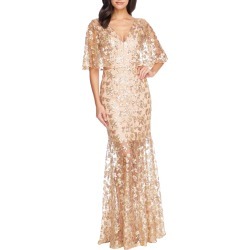 Women's Dress The Population Lourdes Sequin Lace Cape Sleeve Gown, Size Large - Metallic