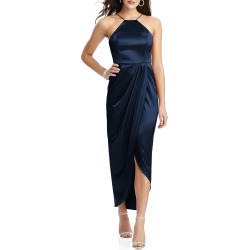 Women's After Six Bow Halter Neck Stretch Satin Gown, Size 12 - Blue