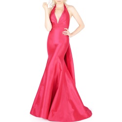 Women's MAC Duggal Halter Neck Pleated Taffeta Mermaid Gown, Size 4 - Red
