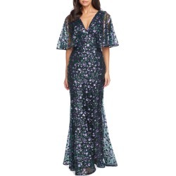 Women's Dress The Population Laine Sequin Lace Cape Sleeve Gown, Size Large - Blue