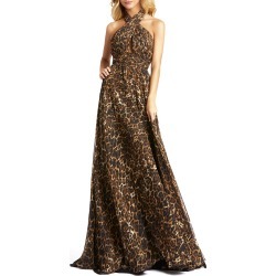 Women's MAC Duggal Animal Print Crossover Halter Neck Gown, Size 4 - Brown