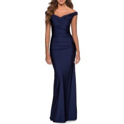 Women's La Femme Off The Shoulder Trumpet Gown, Size 0 - Blue