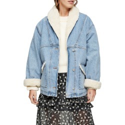 Women's Topshop Faux Fur Lined Denim Car Coat, Size 8 US (fits like 6-8) - Blue