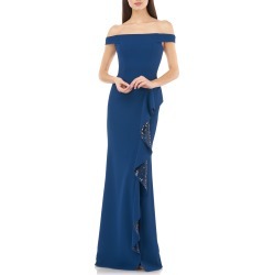 Women's Carmen Marc Valvo Infusion Off The Shoulder Sequin Ruffle Gown, Size 12 - Blue