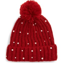 Women's Halogen X Atlantic-Pacific Pearl Bead Metallic Beanie - Red (Nordstrom Exclusive)