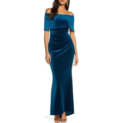 Women's Vince Camuto Off The Shoulder Velvet Trumpet Gown, Size 0 - Blue/green